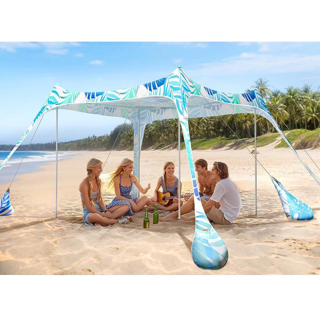 2PM SPORTS Beach Tent Canopy with UPF50+ UV Protection, Outdoor Large Beach Sun Shade Shelter for Family Picnic Camping Travel Shore Fishing, 8 Sandbags, Sand Shovel (Leaf, 10x10 FT)