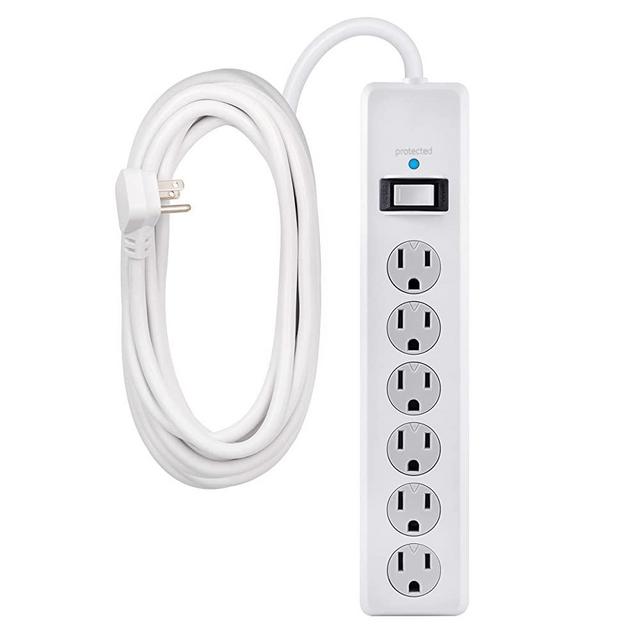 GE 6-Outlet Surge Protector, 20 Ft Extension Cord, Power Strip, 800 Joules, Flat Plug, Twist-to-Close Safety Covers, UL Listed, White, 50770