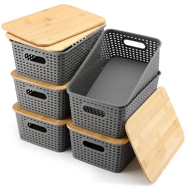 Storage Bins with Bamboo Lids Set of 6 Lidded Storage Container Plastic Baskets Organizer Bins for Organizing Kithen Room Bedroom Office Closet, Sturdy and Durable (Grey)