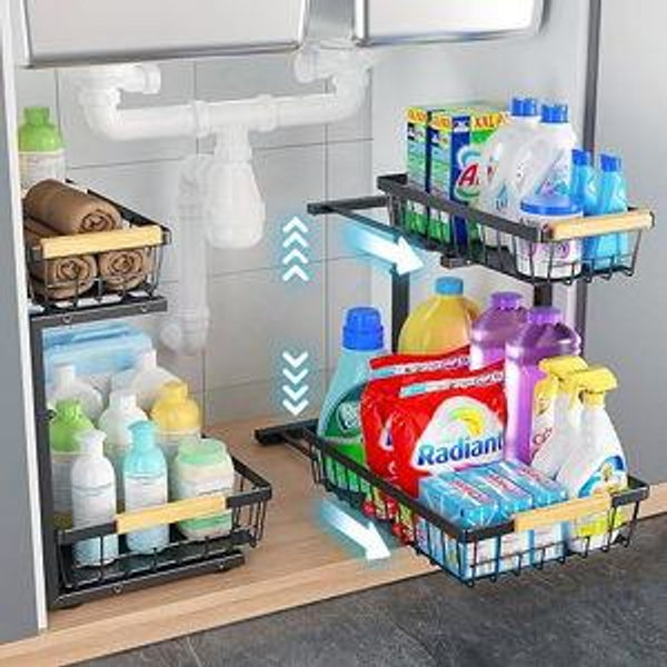 Under Sink Organizer, 2 Pack 2 Tier Under Sink Organizers and Storage, Pull Out Slide Out Under Cabinet Organizer Shelf, Large Metal Sliding Drawers Rack for Kitchen Bathroom.
