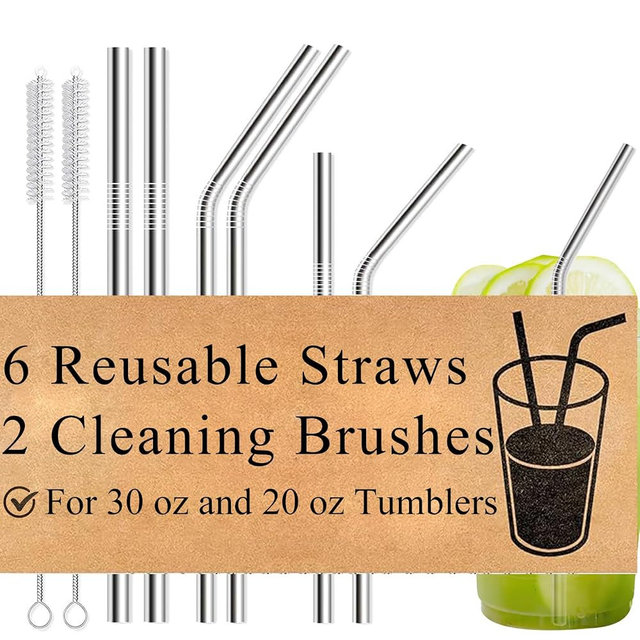 8-Pack Reusable Stainless Steel Metal Straws with Cleaning Brush - Long Metal Straws Drinking for 30 oz and 20 oz Tumbler Eco Friendly