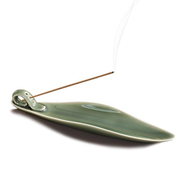 9" Length Incense Stick Holder with 3 Holes, White Porcelain Incense Tray Ash Cather for Spa, Meditation Room, Yoga, Home, Office (Green)