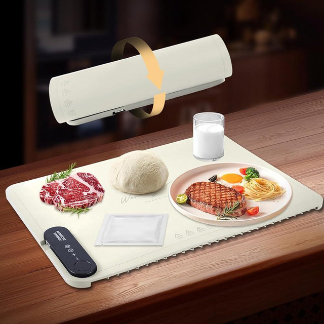 Revolutionary Rollable Full Surface Heating Warming Mat for Food Party Buffet Daily Use, Portable Electric Silicone Defrosting Tray, Hot Plate Keep Food Warm (Beige)