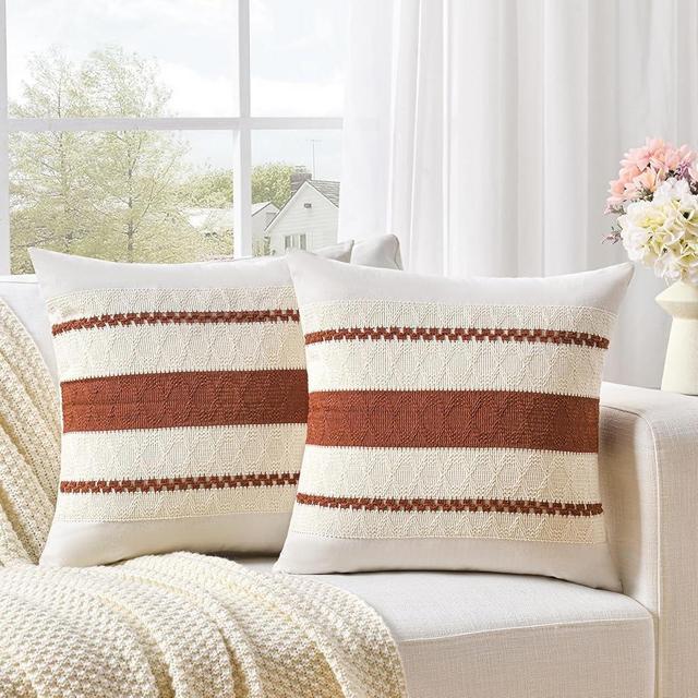 Fancy Homi Set of 2 Rust Boho Decorative Throw Pillow Covers 18x18 Inch for Couch Bed Sofa, Aesthetic Modern Organic Fall Room Decor, Soft Cotton Cute Terracotta Textured Farmhouse Cushion Case Gift