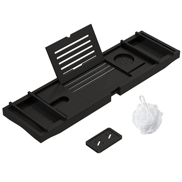 Bamboo Bathtub Tray Bath Tub Caddy with Expandable Handles Wine Glass Phone Holder Book Stand for Bathroom Luxury Spa Wooden Bath Table Board for Reading Laptop Over The Clawfoot tub Black