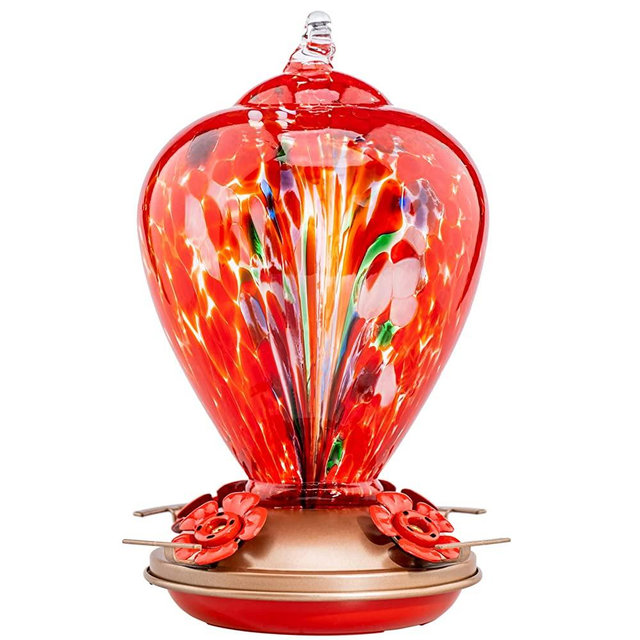 LaElvish Garden Hummingbird Feeder, 34OZ Hand Blown Glass Hummingbird Feeders for Outdoors Hanging, 4 Feeding Perch with Ant Moat Hook Leakproof, Garden Yard Decor Gifts for Women Mom (Floral Balloon)