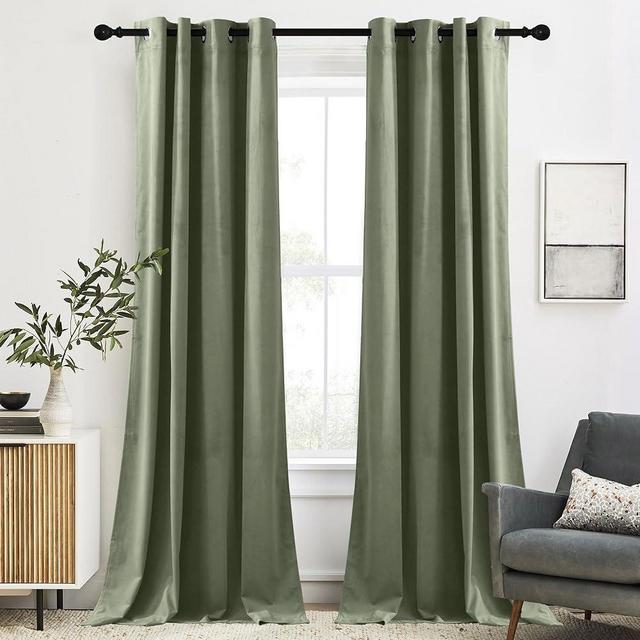 RYB HOME Sage Green Velvet Curtains for Living Room, Rustproof Grommet 96 inches Window Drapes Energy Efficient Curtains for Bedroom Home Office, W52 x L96 inch, 2 Panels
