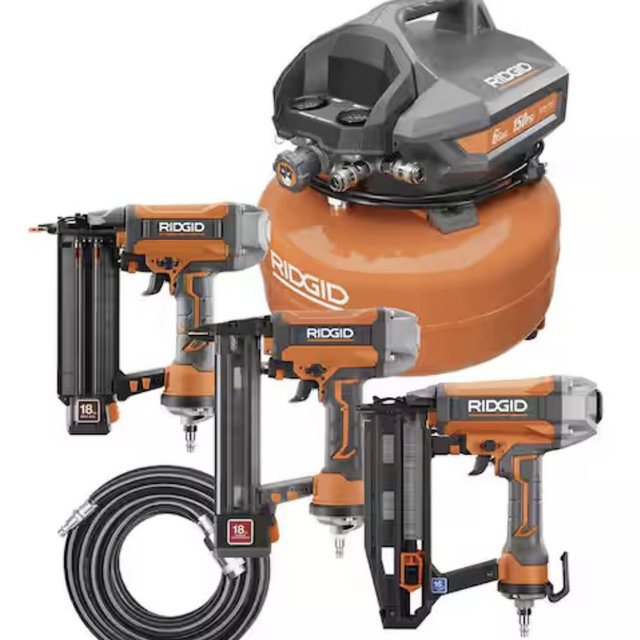RIDGID 6 Gal. Portable Electric Pancake Air Compressor w/ 18GA Brad Nailer, 16GA Straight Finish Nailer, & 18GA Finish Stapler R69603FK