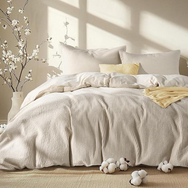 Bedsure Waffle Comforter Set Full, Beige Soft Cotton Bedding, Waffle Weave Bed Set, 3 Pieces, 1 Comforter (82"x86") and 2 Pillow Shams, Premium Cotton Cover with Polyester Fill for All Seasons