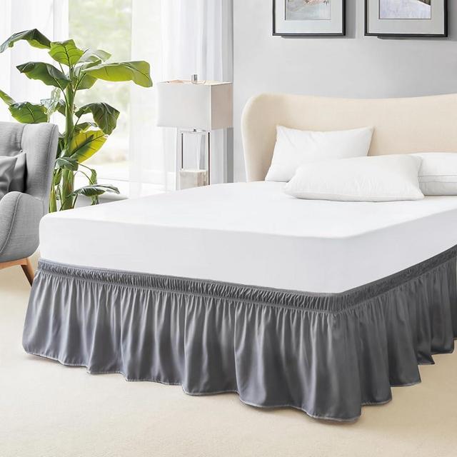 FreshCulture Elastic Wrap Around Bed Skirt, Queen Size, Easy Fit with 15-Inch Tailored Drop, Hotel Quality Dust Ruffle (Dark Grey)