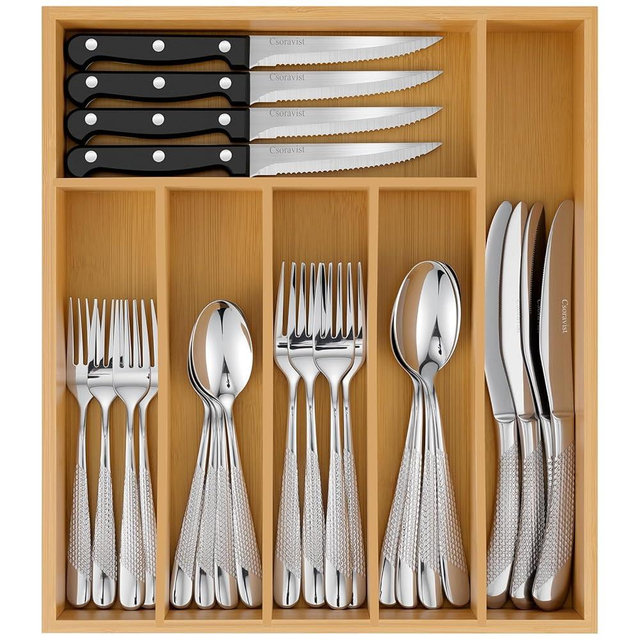 Csoravist 49-Piece Silverware Set with Bamboo Organizer for 8, Heavy-Duty Flatware Set with Steak Knives, Rust-Proof & Mirror Polished, Dishwasher Safe,Modern Hammered(organizer only for packaging)