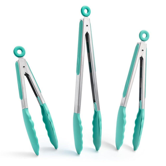 Doosu Kitchen Tongs for Cooking - 600°F Heat Resistant Food Tong Set with Non-Scratch Silicone Tips, Heavy Duty Stainless Steel Locking Tong for BBQ, Grilling Steak, Serving (7+9+12in, Aqua Sky)