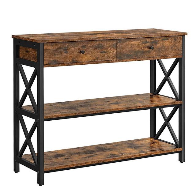 VASAGLE Console Table, Entryway Table with Storage Shelves, Drawers, Sofa Table with Metal Frame, Farmhouse Industrial Style, Rustic Brown and Black ULNT21BX