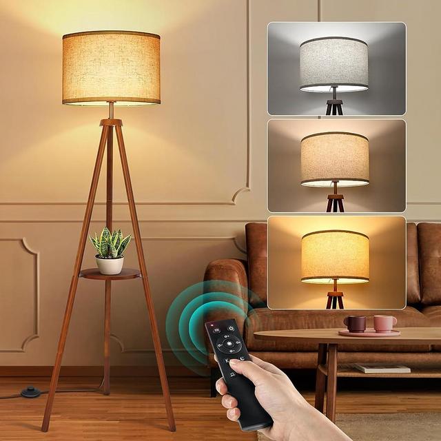 OUTON Wood Tripod Floor Lamp with Shelves, Mid Century LED Modern Dimmable Floor Lamp with Remote Control, Sturdy Tall Standing Lamp with Beige Linen Texture Shade for Living Room, Bedroom, Office