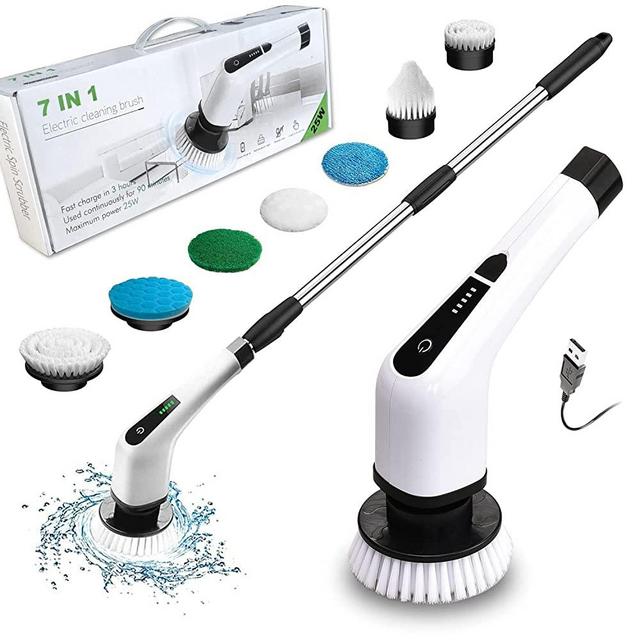 Electric Spin Scrubber, Cordless Cleaning Brush with 7 Replaceable Brush Heads, Tub and Floor Tile 360 Rotating Power Scrubber Mop with Adjustable Handle for Bathroom Kitchen Car (White)