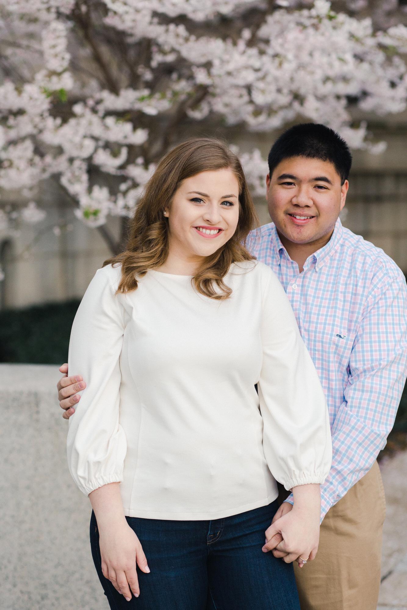 Cherry blossom engagement pictures at the Basilica of the National Shrine of the Immaculate Conception, March 2020. (Kate Grace Photography)