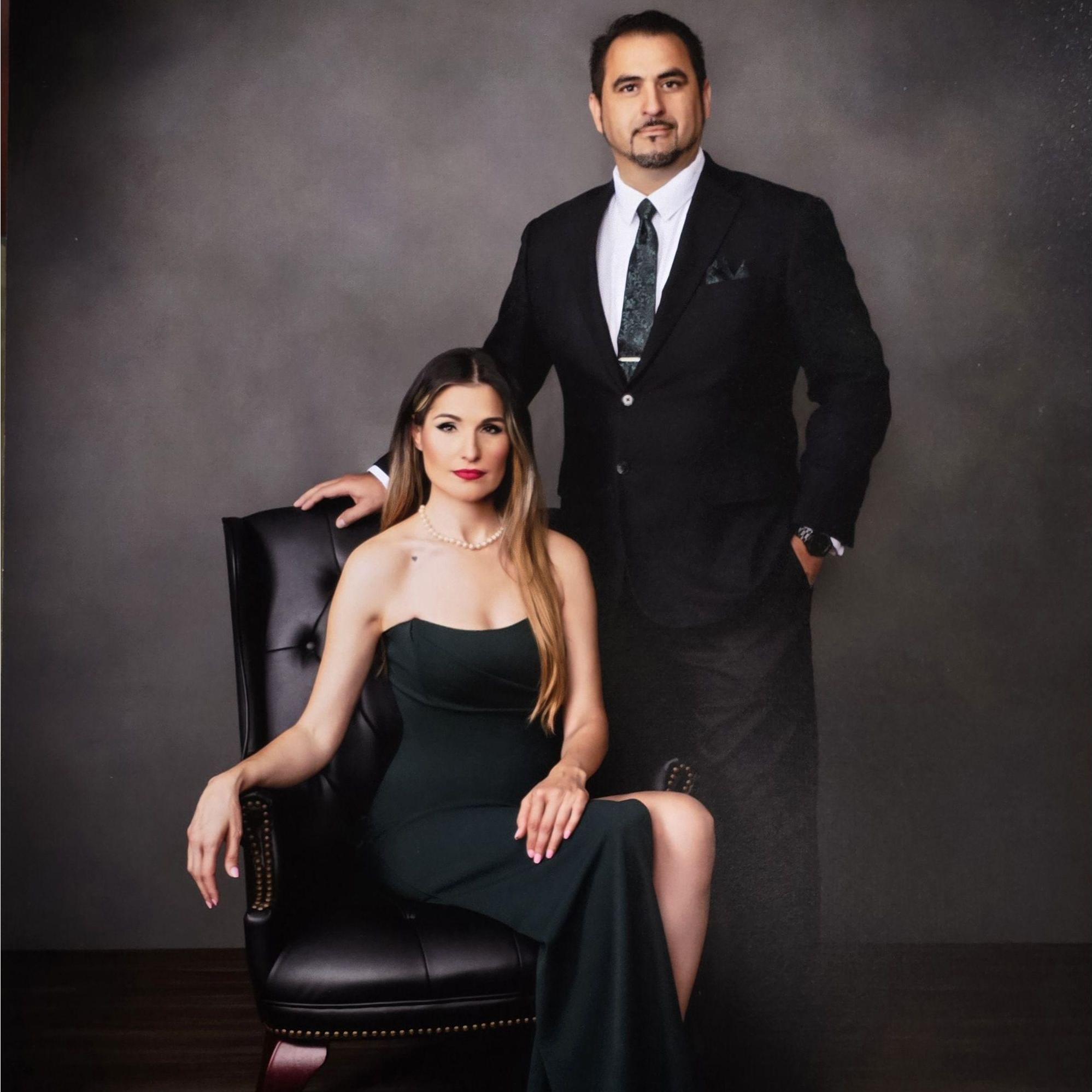 Our first professional portrait photos taken together with the most serious face we could come up with.. lol