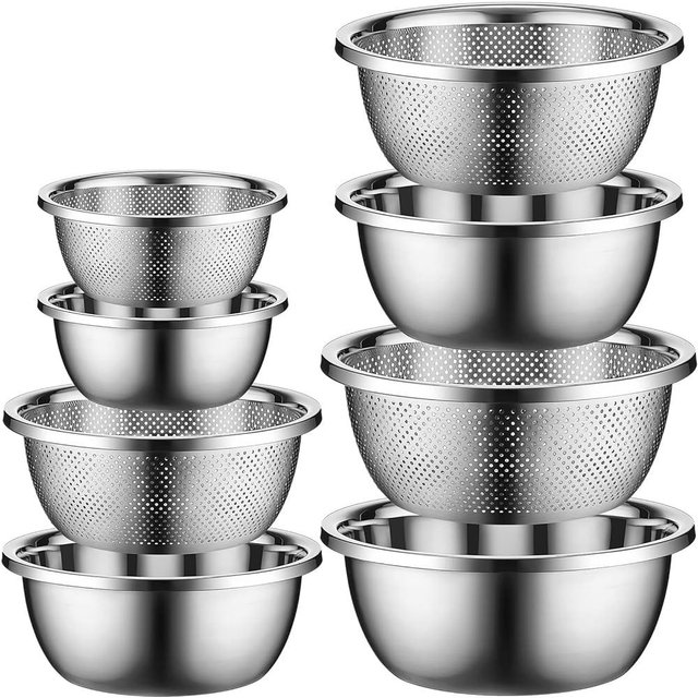 Uiifan 8 Pcs Stainless Steel Mixing Bowl with Stainless Steel Colander Rice Washing Bowl Colander Bowl Set Nesting Bowls with Colander for Washing Draining Storage (1.8/3.9/4.9/6.6 QT)