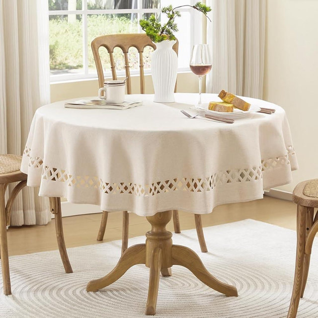 Aoztio Farmhouse Round Linen Textured Tablecloth Lattice Cutwork Waterproof & Stain Resistant Table Cloth Wrinkle Free Round Table Cover for Dining Room and Outdoor Party, 55 Inch Dia, Natural