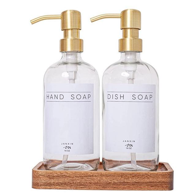 Janxin Clear Glass Soap Dispenser with Stainless Steel Pump and Wood Tray,Hand Soap Dispenser, Kitchen Soap Dispenser Bathroom Soap Dispenser Set… (Acacia Wood Tray+Gold Pump)