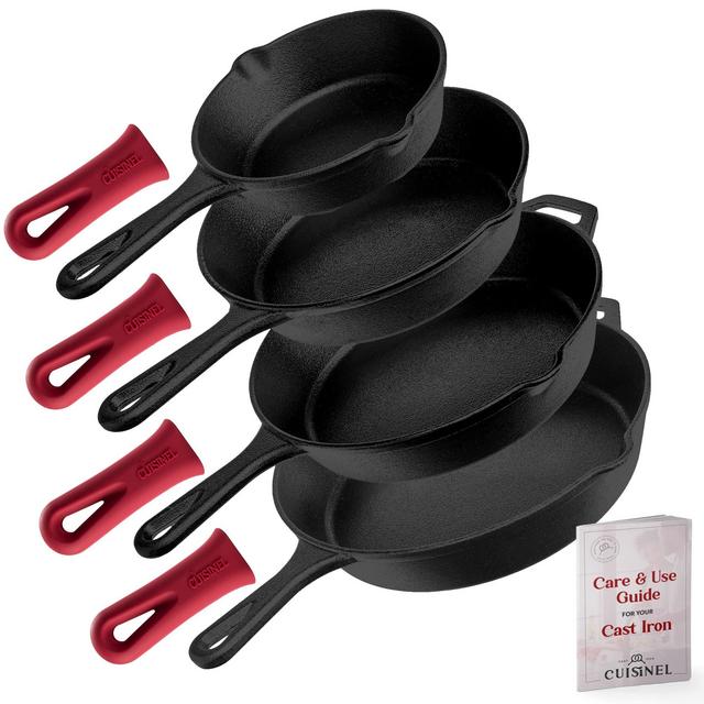 Cast Iron Skillet Set - 4-Piece 6"+8"+10"+12"-Inch Pre-seasoned Frying Pan + 4 Silicone Handle Holders - Indoor/Outdoor Use - Oven, Grill, Stovetop, BBQ, Fire and Induction Safe Kitchen Cookware Kit