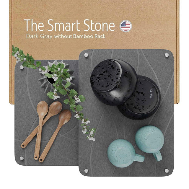 Large Stone Drying Mat for Kitchen Counter | 15.8” x 11.8” Dish Drying Mat Large | Diatomaceous Earth Collapsible Stone Dish Drying Mat | Collapsible Stone Mat for Kitchen Counter (Dark Gray)