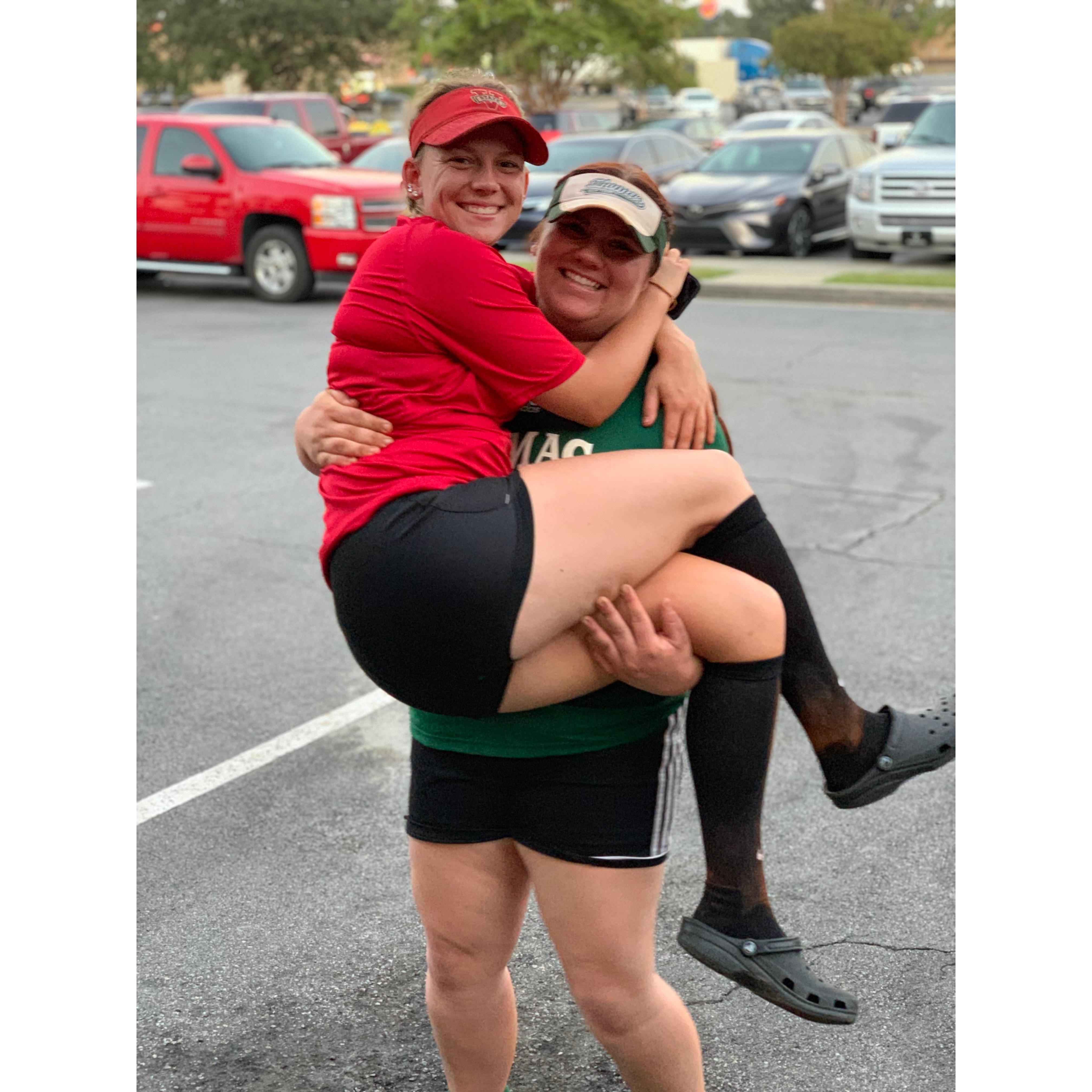 When we played against each other in college softball. (Margarita won)