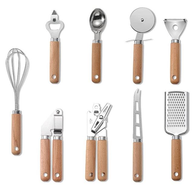 STOYRB 9 Pcs Kitchen Gadget Set Stainless Steel Utensil Set Wood Handle with Pizza cutter, Garlic press, Can opener, Bottle opener, Ice cream scoop, Peeler, Cheese grater, Cheese knife, and Whisk