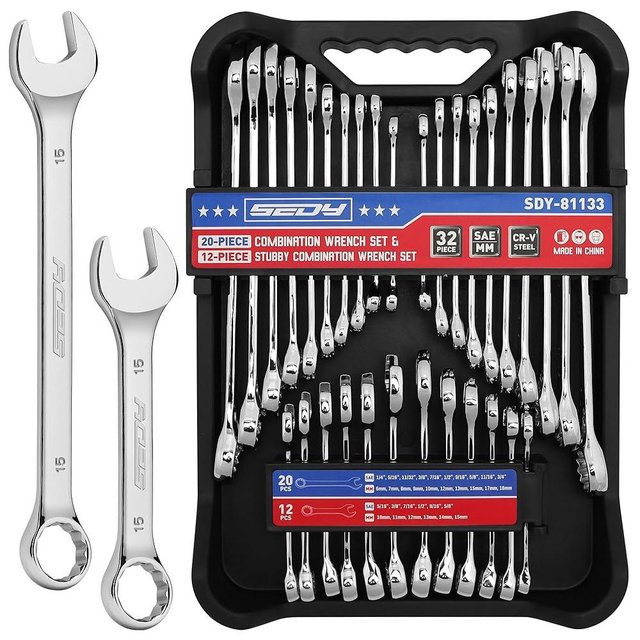 Open-Box-End Combination Stubby Wrench Set: 32-Piece SAE & Metric Combination Wrench Set Includes 20 Standard and 12 Stubby Wrenches, Open End and 12-Point Box End Wrench Set with Organizer Box