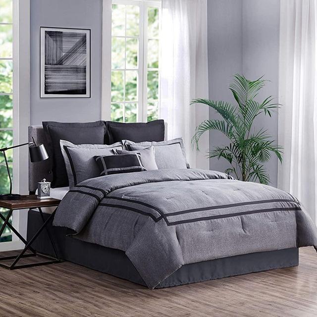 SHALALA Bedding Comforter Sets King Size,8-Piece Grey Hotel Style Comforter with Matching Bed Skirt,Pillow Shams,Decorative Pillows for All Seasons(Gray,King)