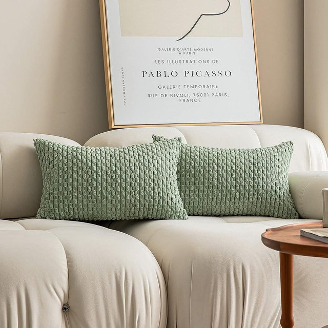 Kevin Textile 2 Packs Lumbar Decorative Throw Pillow Covers 12x20 Inch for Living Room Couch Bed Sofa Soft Striped Corduroy Rectangle Cushion Case 30x50 cm Farmhouse Boho Home Decor Sage Green