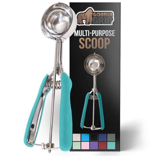 Gorilla Grip Premium Stainless Steel, Spring-Loaded Scoop for Fruit, Cookie and Ice Cream, Easy Squeeze, Clean Release, Comfortable Handle, Medium, 3 TBSP Scooper Size 24, Uniform Portions, Turquoise