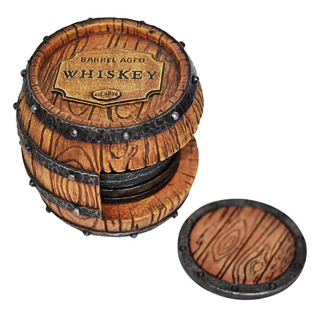 Whiskey Barrel Drink Coasters Unique - Bar Decor and Accessories Beer Coaster - Home Decorations for Dining Room Drink Coasters - Modern House Decor Coaster Set with Holder Cute Kitchen Decor Man Cave