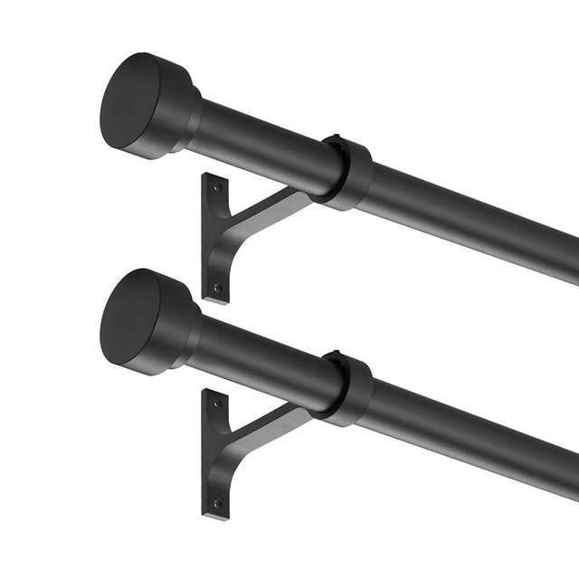 2 Pack Heavy Duty 1 Inch Diameter Single Curtain Rods 36-72” Adjustable Window Curtain Rod with Aluminum Alloy Cylindrical Cap Finials, Wall Mount and Ceiling Mount, Matte Black