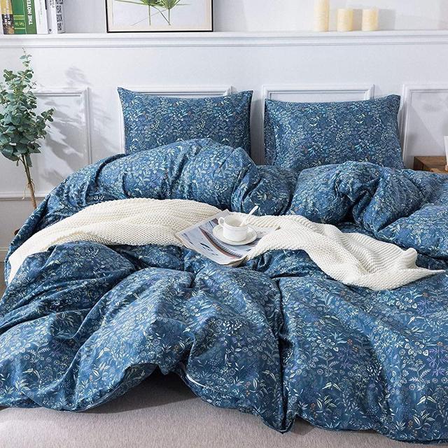 HoneiLife Cotton Duvet Cover Set - 100% Cotton Herbs Pattern Comforter Cover Set, Soft and Breathable Bedding Set with Zipper Closure & Corner Ties, 3pcs(1Duvet Cover+2 Pillow Case)-Blueblack, King
