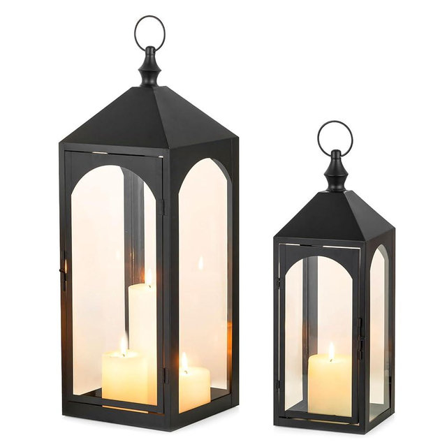 Staymoment Large Outdoor Lanterns for Porch: 23" & 17" Set of 2 Floor Lantern Decorative Indoor with Glass Candle Holder for Fireplace Patio Modern Home Decor