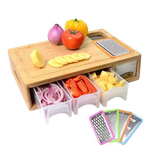Bamboo Cutting Board with Containers, Lids, and Graters, Large Wood Chopping Board with Stackable Trays, Vegetable Shredders, and Food Dropping Zone, Carving Board with Easy-grip Handle, Juice Groove
