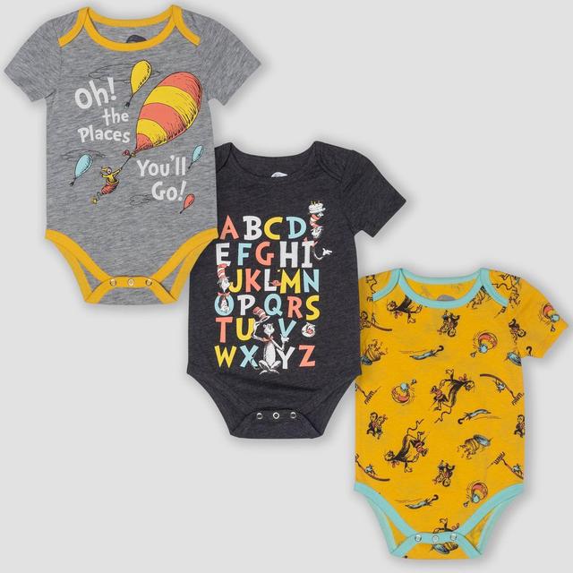 Baby 3pk Dr. Seuss Short Sleeve Bodysuits - Yellow/Gray Newborn
