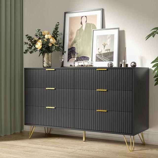 FURNIWAY Black Dresser, Modern 6-Drawer Dresser for Bedroom with Gold Handles, Wide Chest of Drawers for Living Room