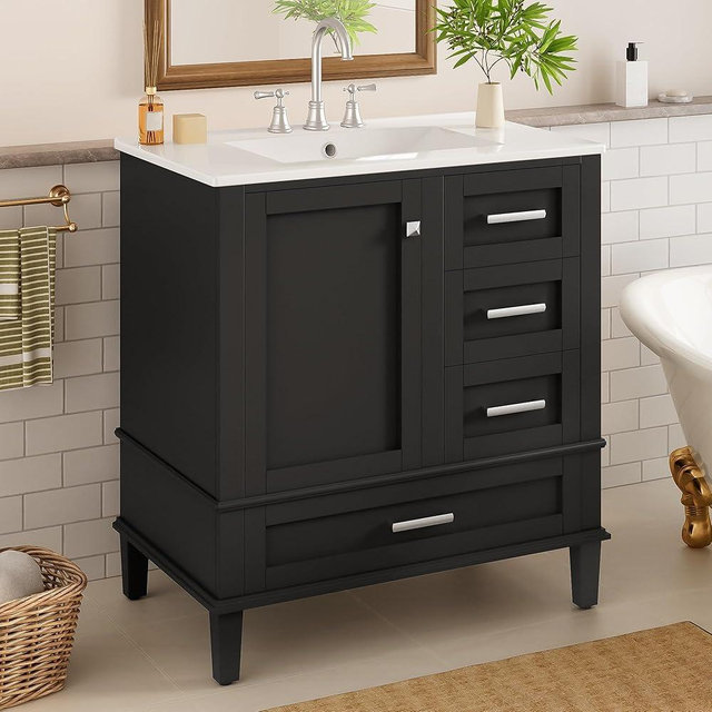 30" Bathroom Vanity with Sink & Countertop,Modern Ceramic Single Sink Vanity with Soft Close Door,2 Drawers & Divided Drawer,Freestanding Bathroom UnderMount Sink Cabinet with 4 Solid Wood Legs,Black