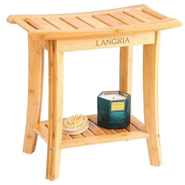 LANGRIA Bamboo Shower Bench Waterproof Wood Shower Chair, Spa Bath Organizer Seat Stool with Rubber Feet Hanging Rods for Indoor or Outdoor Bathroom Shower Seat (18.20"x9.80"x18.80")