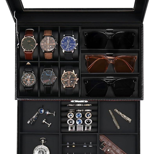 Jenseits Watch & Sunglasses Organizer, 6 Slot Case with Glass Lid, Lockable Jewelry Holder Box PU Leather Watch Stand Storage with Drawer, Gift for Men Women