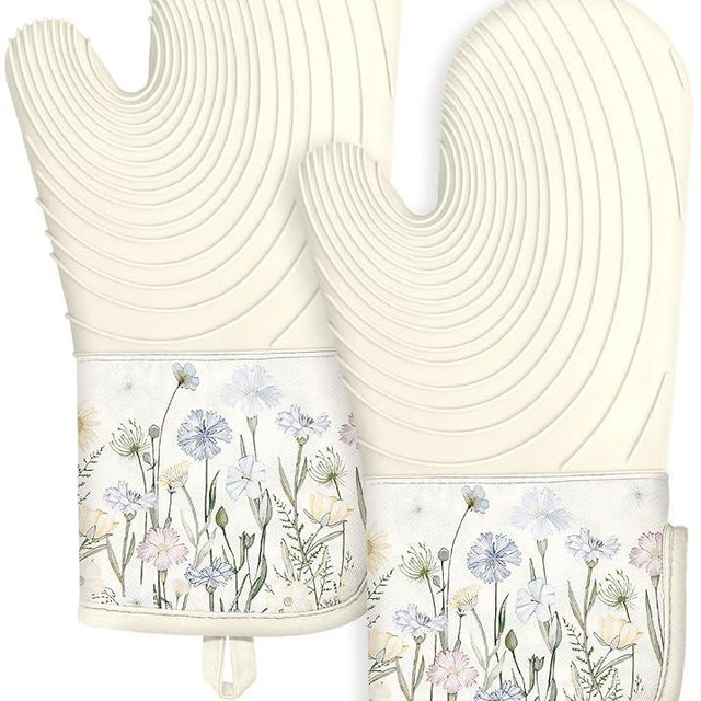 Slohif Long Silicone Oven Mitts Heat Resistant for Women - 2 Pcs Beige Wild Flowers 100% Cotton Oven Gloves, Non-Slip and Waterproof Silicone Oven Mitts with Hanger for Baking and Cooking