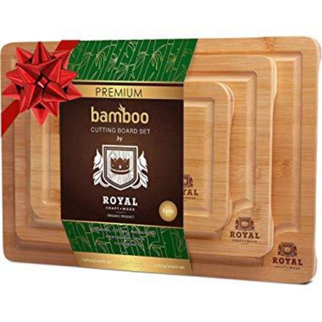 Organic Bamboo Cutting Board with Juice Groove (3-Piece Set) - Best Kitchen Chopping Board for Meat (Butcher Block) Cheese and Vegetables | Anti Microbial Heavy Duty Serving Tray w/Handles