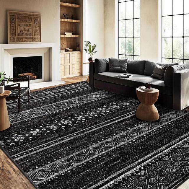 BESTSWEETIE 6x9 Area Rugs for Living Room Washable Moroccan Farmhouse Neutral Geometric Low Pile Non-Slip Soft Print Pattern Rug for Bedroom Kitchen Dining Room Entryway Black/White