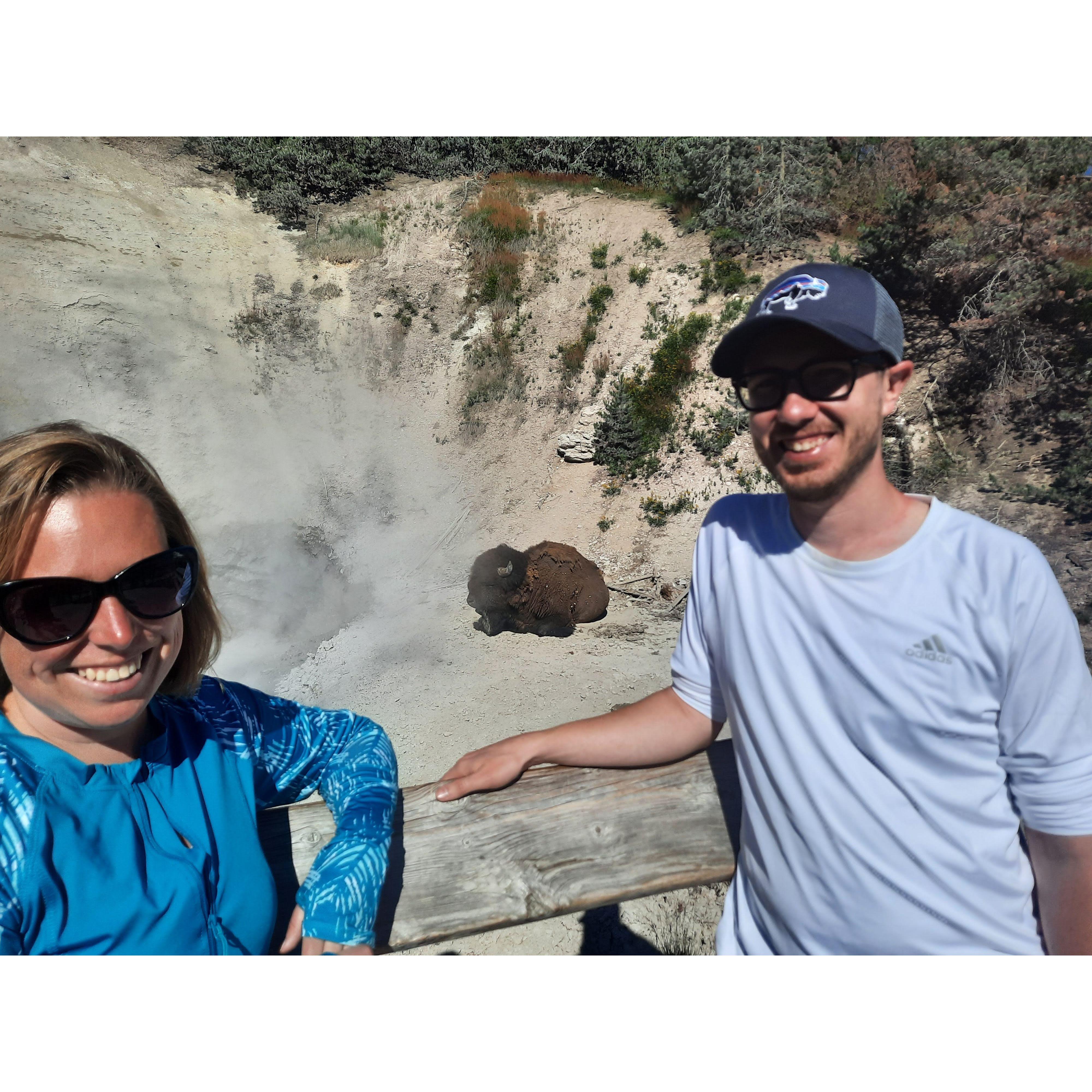 Us at Yellowstone, with a buffalo we befriended at the Mud Volcano!