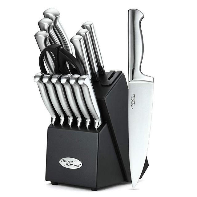 Marco Almond KYA28 Knife Set, 14 Pieces Japanese High Carbon Stainless Steel Cutlery Kitchen Knife Set with Hardwood Block, Hollow Handle Self Sharpening Knife Block Set, Black, Best Gift
