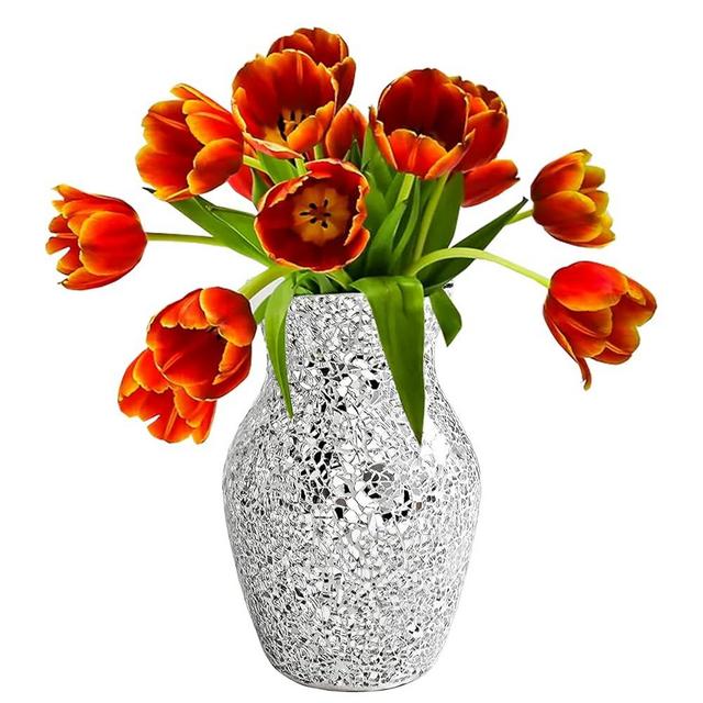 ESSGUO Silver Glass Mosaic Vase for Decor, 7.85 Inches, Suitable for Flowers, Mirrored Handcrafted Cracked Vase, Decorative Shine Vase Perfect for House, Room Decoration, Wedding, Party, Gift