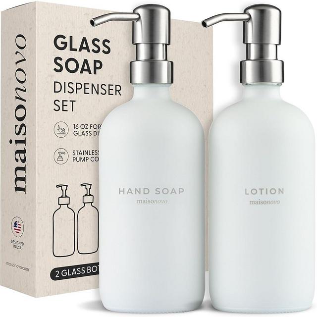 MaisoNovo Soap Dispenser 2-Piece Set | 16.9oz White Bottles with Silver Stainless Steel Pumps