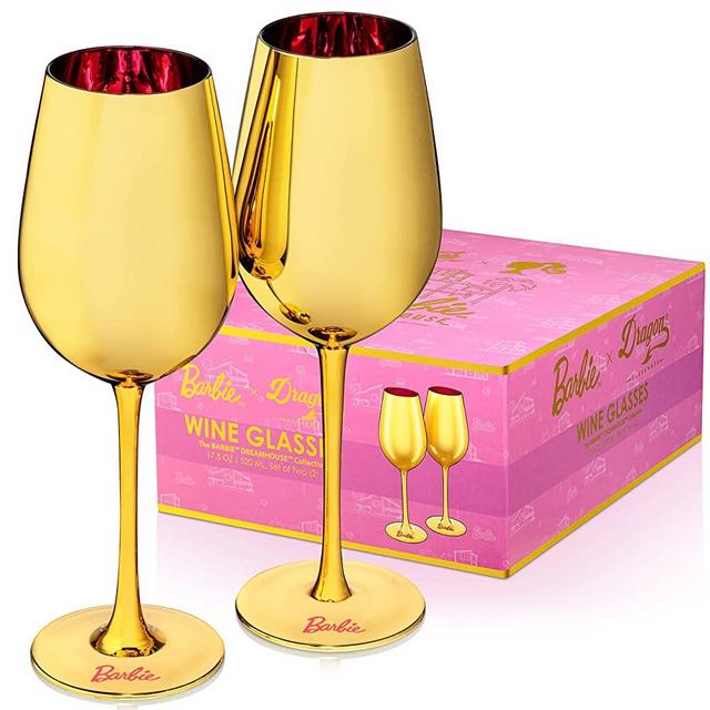 Barbie x Dragon Glassware Wine Glasses, Barbie Dreamhouse Collection, Gold with Pink Interior Crystal Glass, Unique Gift for Wine Lovers, 17.5 oz Capacity, Set of 2